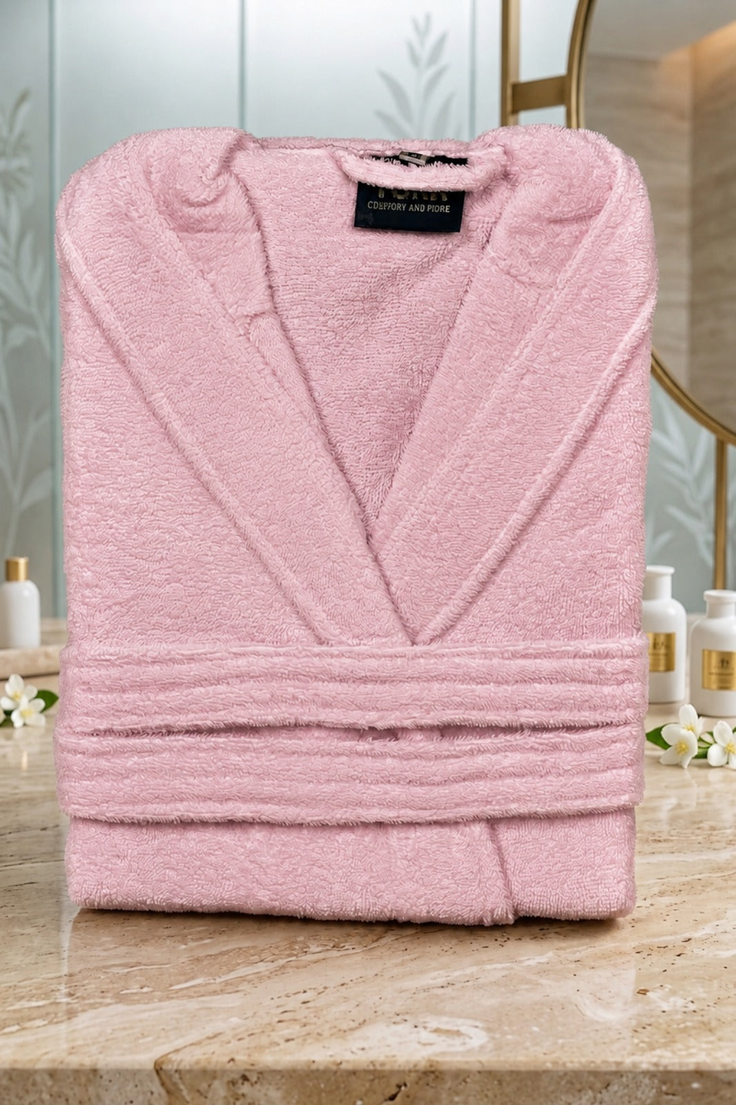 White cotton Tork Turkish bathrobe laid flat, showing the soft fabric and classic design for comfortable wear.